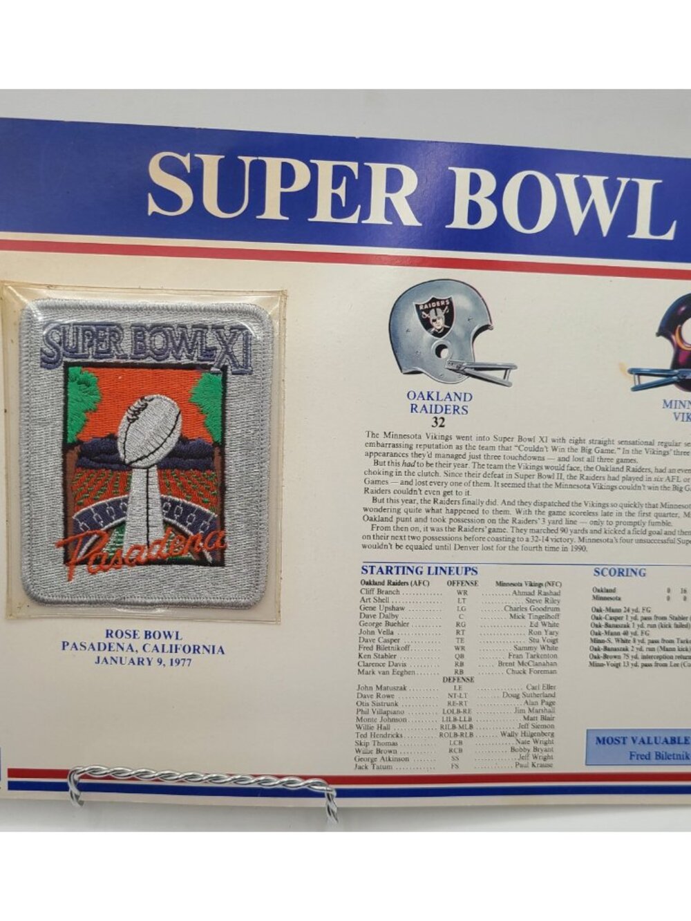 Vintage Super Bowl XI 1977 NFL Patch Display Oakland Raiders vs Minnesota Viking